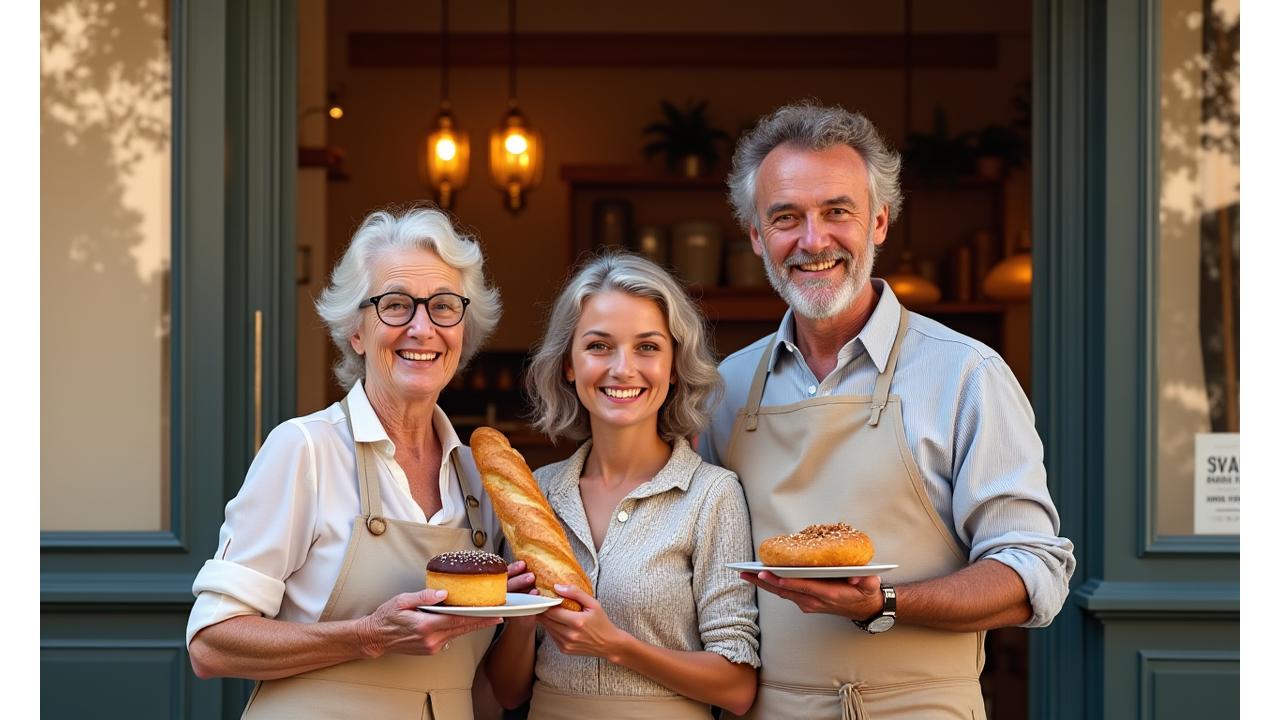 Photo de famille devant une ancienne boulangerie à Lyon, avec des membres de différentes générations