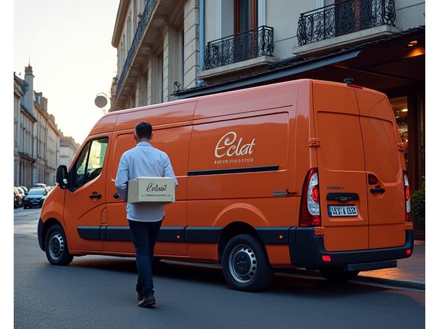 Livreur en uniforme Éclat Pâtisserie déposant des colis frais devant un restaurant lyonnais au lever du jour
