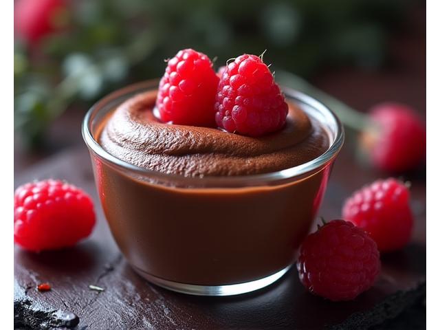 Mousse au chocolat keto faible en glucides, décorée de framboises